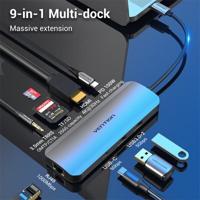  -   Vention TOMHB Multi-function USB-C to HDMI/USB-C Gen 1/USB3.0x2/RJ45/SD/TF/TRRS 3.5mm/PD Docking Station 0.15M Gray Aluminum Alloy Type - #1