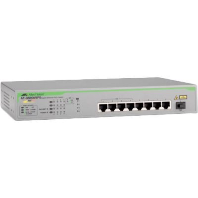  Allied Telesis Unmanaged Gigabit PoE+ Switch with 8 x 10/100/1000T ports and 1 x 1G SFP uplink (AT-GS900/8PS-50)
