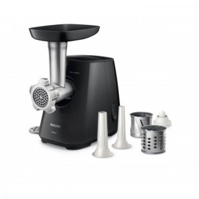 Мясорубка Philips HR 2721 (HR2721/00) Мясорубка Philips HR 2721 (HR2721/00)Мясорубки Philips<br>Мясорубка/ Мясорубка электрическая, мощность 1800Вт, производительность 2,3 кг/мин, металлический соединительный элемент, 2D клинер, 2 решетки для фарша, 2 диска для нарезки овощей, насадка для кеббе, насадка для сосисок, пластиковый лоток для мяса цвет черный<br>