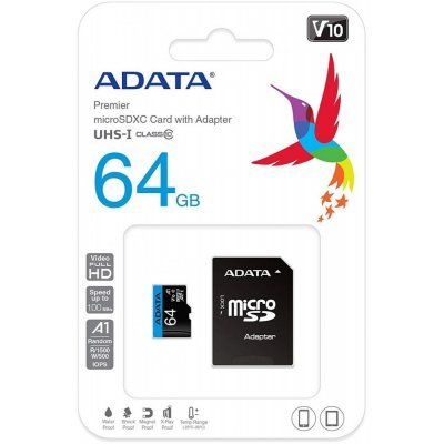 Фото Карта памяти A-Data 64GB microSDHC Class 10 UHS-I A1 100/25 MB/s (SD адаптер) / AUSDX64GUICL10A1-RA1 - #2