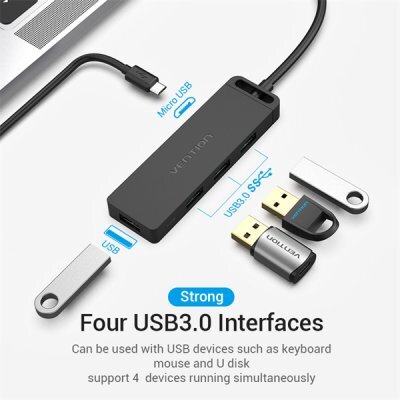 Фото USB концентратор Vention TGKBB Type-C to 4-Port USB 3.0 Hub with Power Supply Black 0.15M ABS Type - #1