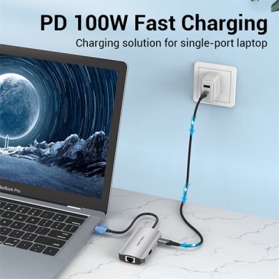 Фото USB концентратор Vention TNFHB USB-C to USB 3.0x3/RJ45/PD Hub 0.15M Gray Aluminum Alloy Type - #1
