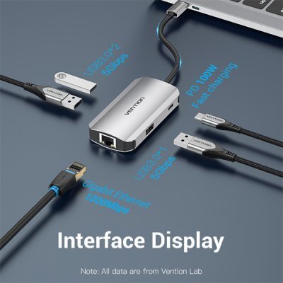 Фото USB концентратор Vention TNFHB USB-C to USB 3.0x3/RJ45/PD Hub 0.15M Gray Aluminum Alloy Type - #2