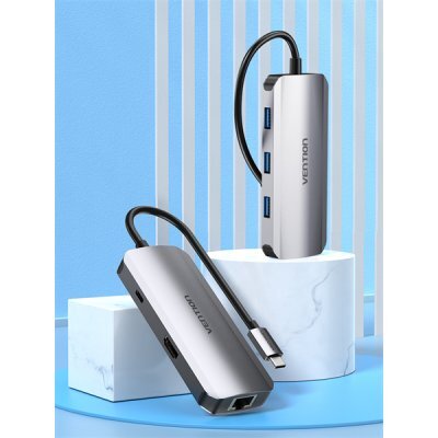 Фото Док-станция для ноутбука Vention TOHHB USB-C to HDMI/USB 3.0x3/RJ45/PD Docking Station 0.15M Gray Aluminum Alloy Type - #1