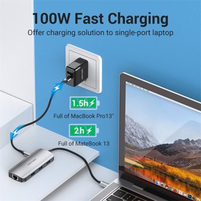 Фото Док-станция для ноутбука Vention TOHHB USB-C to HDMI/USB 3.0x3/RJ45/PD Docking Station 0.15M Gray Aluminum Alloy Type - #2