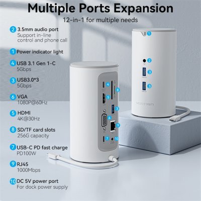  -   Vention TPHWC-EU USB-C to HDMI/VGA/USB 3.1 Gen 1-C/USB 3.0x3/RJ45/SD/TF/TRRS 3.5mm/PD/DC Docking Station 0.25M White Vertical Type EU Standard - #1