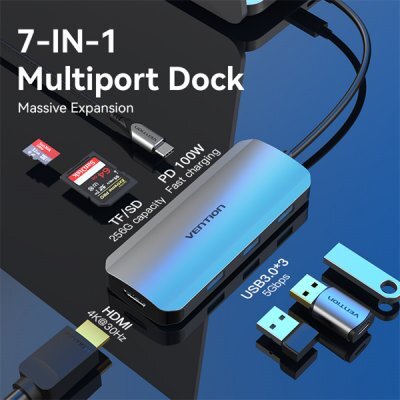  -   Vention TOJHB USB-C to HDMI/USB 3.0x3/SD/TF/PD Docking Station Gray 0.15M Aluminum Alloy Type - #1