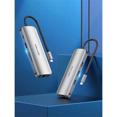 Фото Док-станция для ноутбука Vention TOKHB Multi-function USB-C to HDMI/USB3.0x3/RJ45/SD/TF/PD Docking Station 0.15M Gray Aluminum Alloy Type - #1