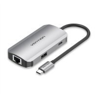 USB концентратор Vention TNFHB USB-C to USB 3.0x3/RJ45/PD Hub 0.15M Gray Aluminum Alloy Type