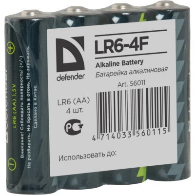 Фото Батарейка Defender алкалиновая LR6-4F AA, в пленке 4шт