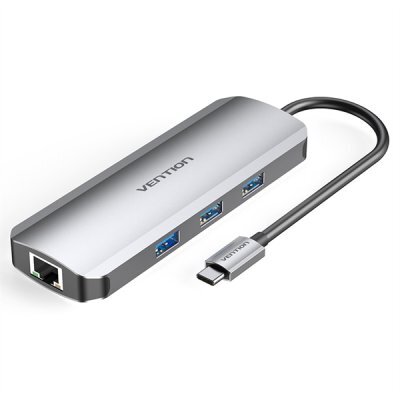 Фото Док-станция для ноутбука Vention TOKHB Multi-function USB-C to HDMI/USB3.0x3/RJ45/SD/TF/PD Docking Station 0.15M Gray Aluminum Alloy Type
