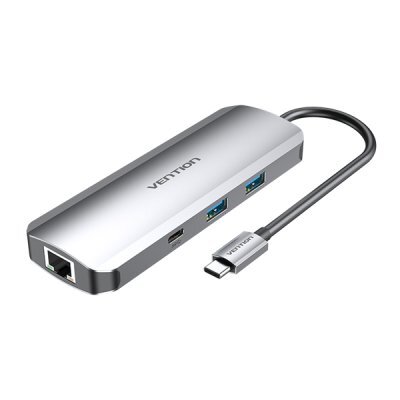  -   Vention TOMHB Multi-function USB-C to HDMI/USB-C Gen 1/USB3.0x2/RJ45/SD/TF/TRRS 3.5mm/PD Docking Station 0.15M Gray Aluminum Alloy Type