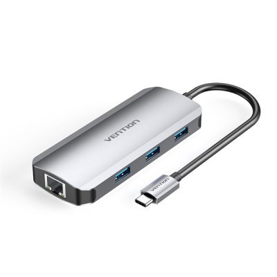  -   Vention TOHHB USB-C to HDMI/USB 3.0x3/RJ45/PD Docking Station 0.15M Gray Aluminum Alloy Type