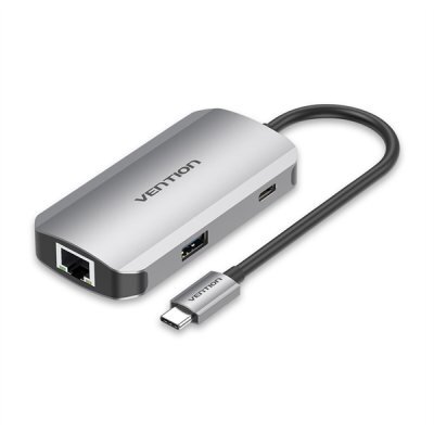 Фото USB концентратор Vention TNFHB USB-C to USB 3.0x3/RJ45/PD Hub 0.15M Gray Aluminum Alloy Type